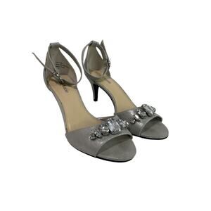 Size 7.5 Kelly & Katie Silver Bejeweled Ankle Strap 3 Inch Heels